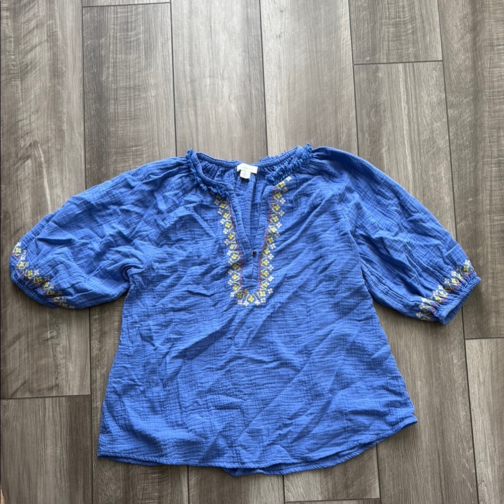 Sundance Blue Puff Sleeve Blouse with Mandarin Collar